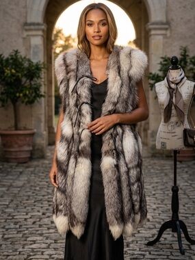 Unique, luxurious silver faux  fox tails vest, W/black leather toggles  Large